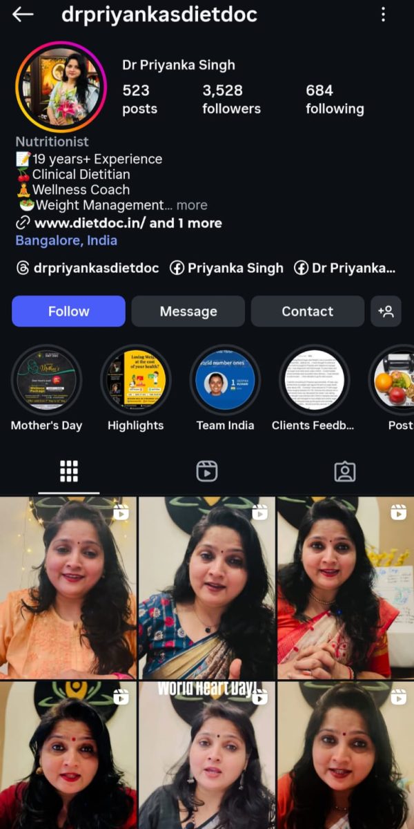 priyanka instagram Dietician in Bangalore